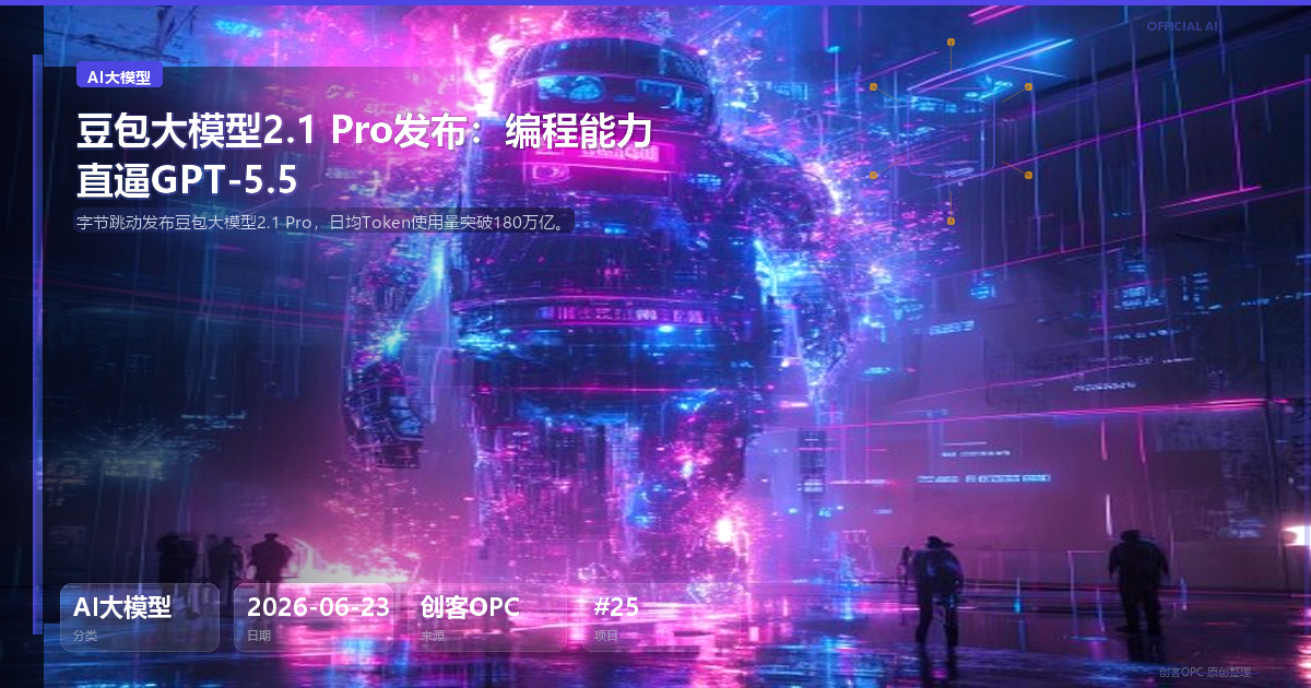 🔥 豆包大模型2.1 Pro发布：编程能力直逼GPT-5.5，日均Token使用量突破180万亿、两年暴涨1500倍